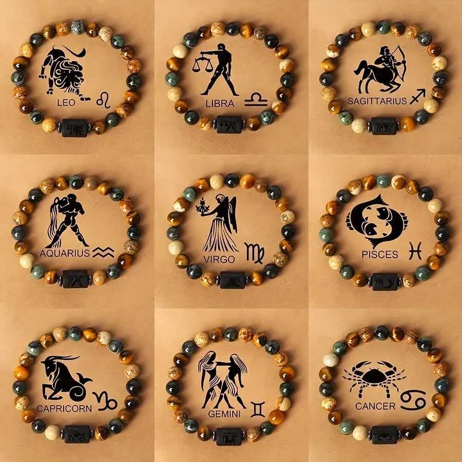 12 Zodiac Signs Constellation Charm Bracelet Men Women Fashion Tiger Eye Stone Beaded Bracelets Virgo Leo Libra Couple JewelryXJ250225