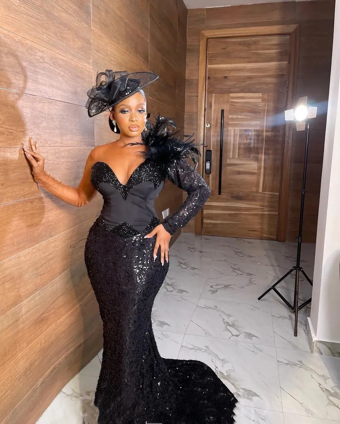 Illusion One Shoulder Prom Dresses African Arabic Glitter Sequined Mermaid Evening Gowns Long Sleeves Sweetheart Pageant Party Special Occasion Dress 