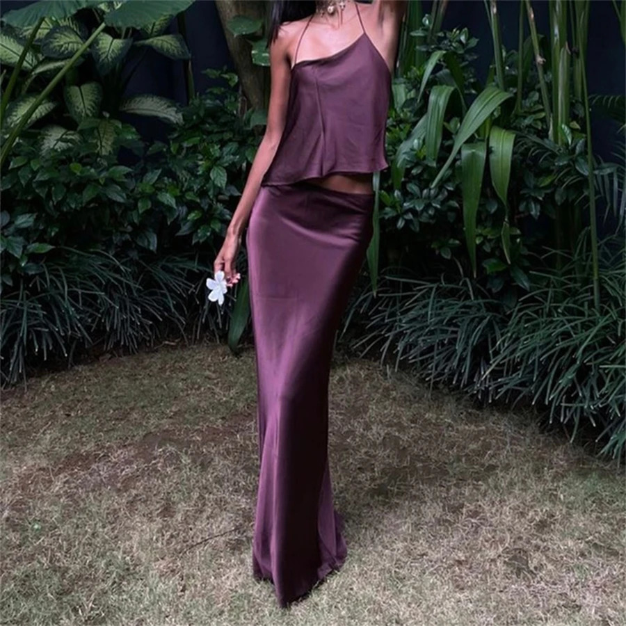 Puloru Retro Two-Piece Satin Dress Sets Summer Women Halter CamisoleWrapped Long Skirts Elegant Party Office Outfits 250224