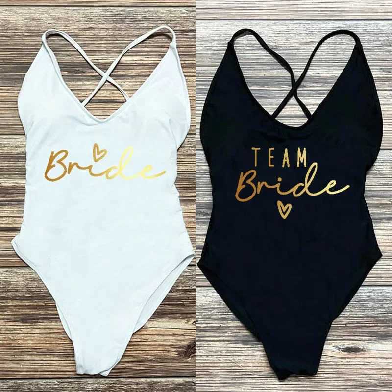 Sexy Padded Gold Print Team Bride One-Piece Swimsuit Squad Women Swimwear Bachelorette Party Bathing Suit Summer Beachwear S-3XL X250224