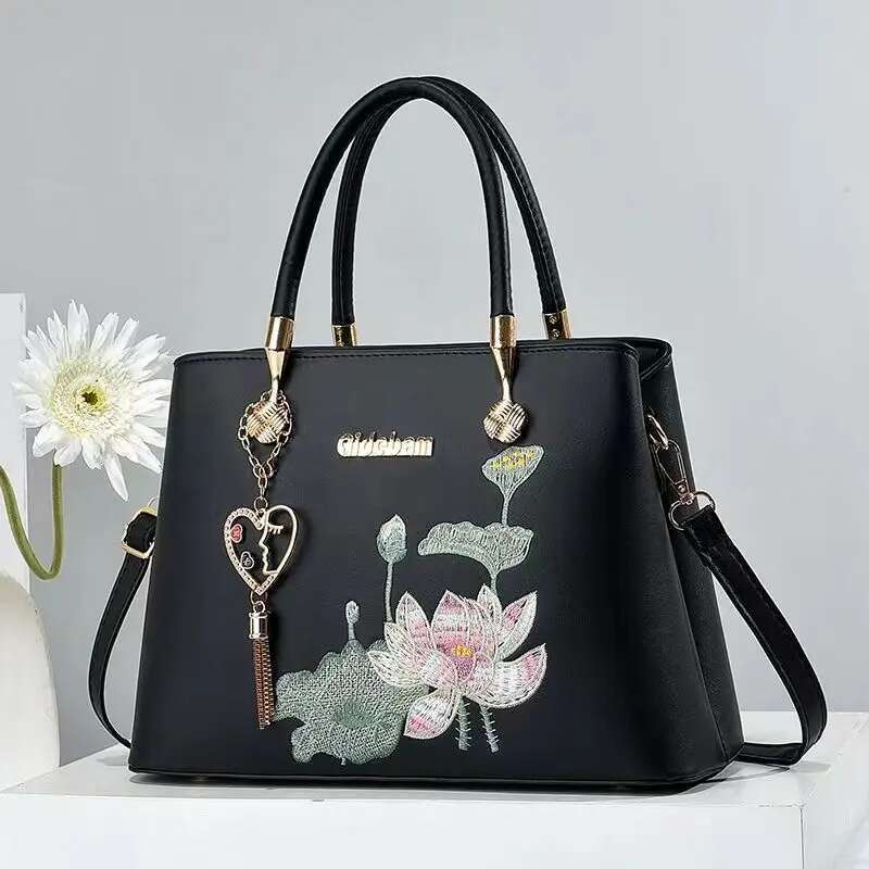 Embroidery lotus Crossbody 2024 Thread Handbag Pu Leather Women Shoulder Bags Brand Sequined Tassel Bag