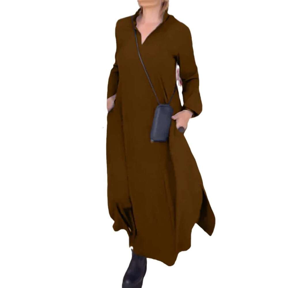 Autumn Winter New European And American Casual Loose Solid Color V-Neck Pullover Long Sleeved Dress For Women