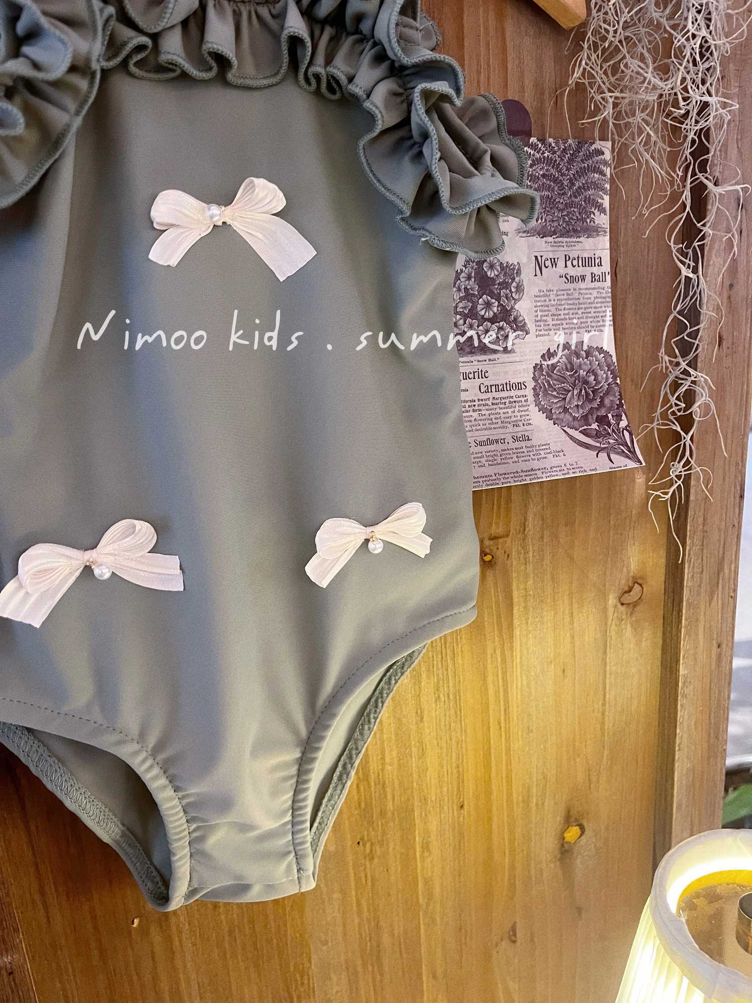 Girls Short Sleeve One Piece Swimsuit Swimming Cap Set Three Pearls Bow X250224