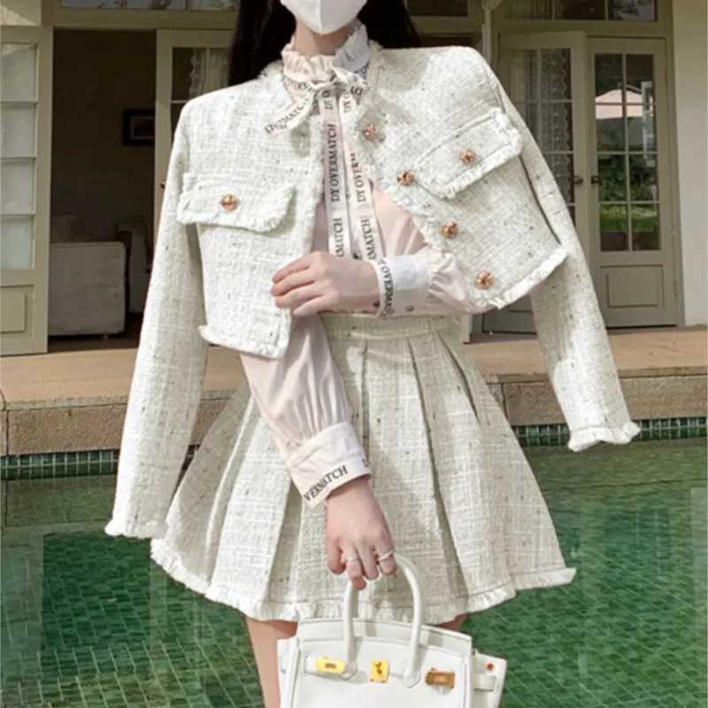 High Quality Tassel Design 2-Piece Sets Women Tweed Autumn New Solid Outfits Long Sleeve Short Jacket Coat + Pleated Skirt SuitsT250224