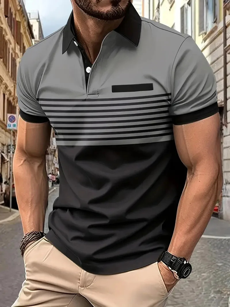 Summer Striped 3D Printed Mens Polo T Shirt Fashion Lapel Button Zipper Top Hipster Trend Streetwear Short Sleeve Tops 250318