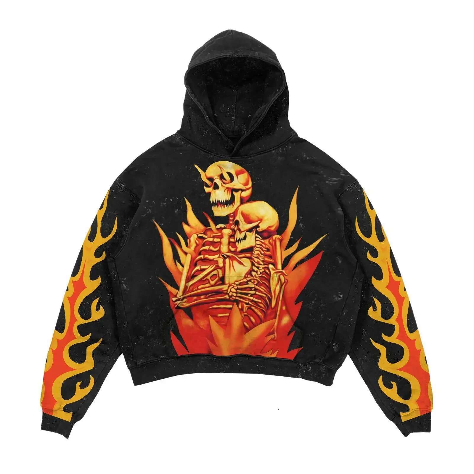 Retro sweatshirt skull print flame Y2K retro hooded pullover jacket street style goth casual fashion men's Haruku top