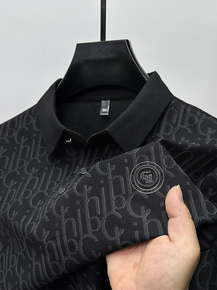 Summer High-end Silk Short Sleeved Polo Shirt for Mens Luxurious Embossed Casual Fashion Comfortable Breathable Cool Top 250224