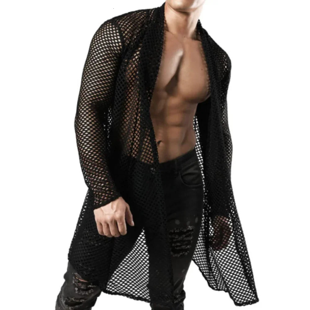 Sexy mens hollow long open plaid streetwear mens fashion perspective long sleeved T-shirt top 250222