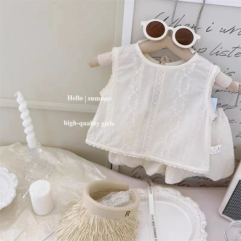 Summer Children Baby Girl 2PC Clothes Set Cotton Hollow Lace Sleeveless Vest Elastic Waist Shorts Suit Toddler Girls Outfit 250221