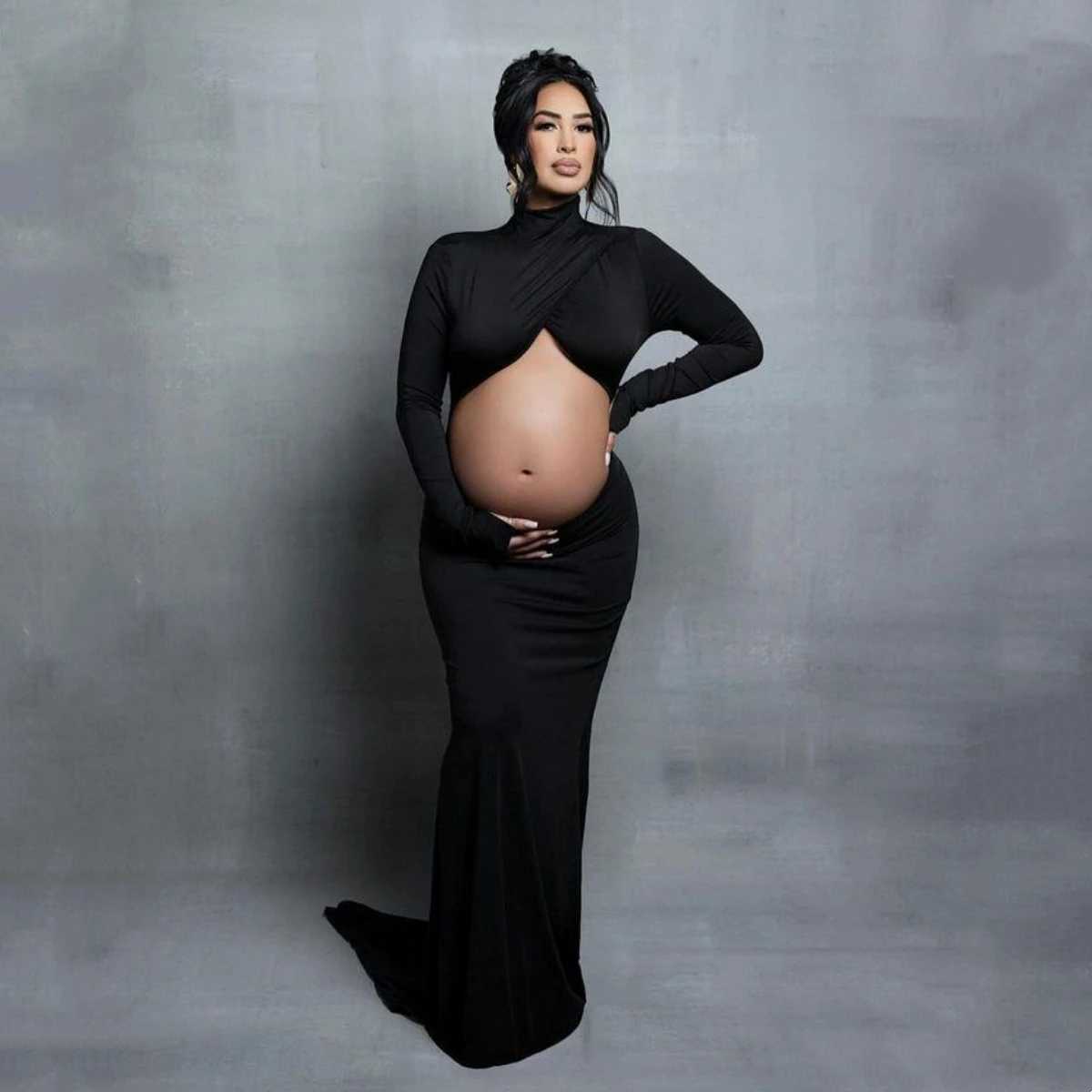 Hollow Out Belly Maternity Photo Shoot Maxi Dress Stretchy Pregnancy Woman Photography Props Dress X250224