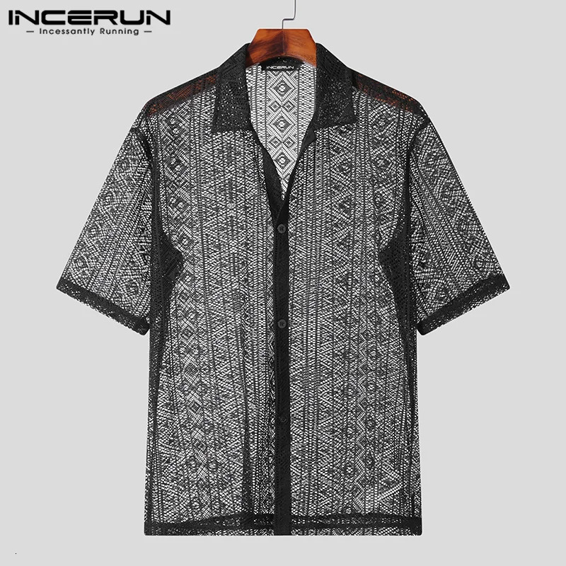 Fashion Mens Shirt Mesh Lace Transparent Street Clothing Collar Short Sleeve Button Camisas Party Sexy Mens Wear S-5XL INCERUN 250222