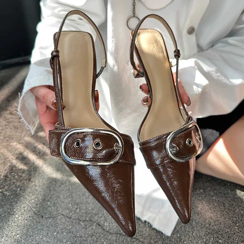 Female Slingbacks New Pumps Slides Women Heels Shoes 2025 Pointed Toe Footwear Fashion Metal Buckle Ladies High Heels ShoesC250225