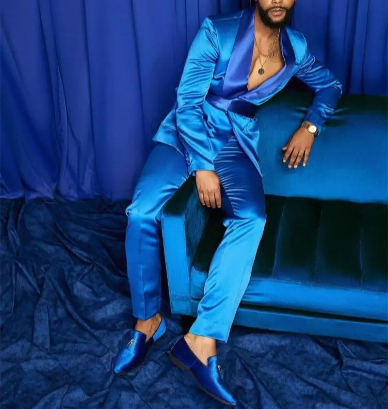 Fashion Italian Silver Men Suits Satin Slim Fit Royal Blue Shiny Groom Prom Wedding Tuxedo Tailored Blazer Set Costume Homme 250224