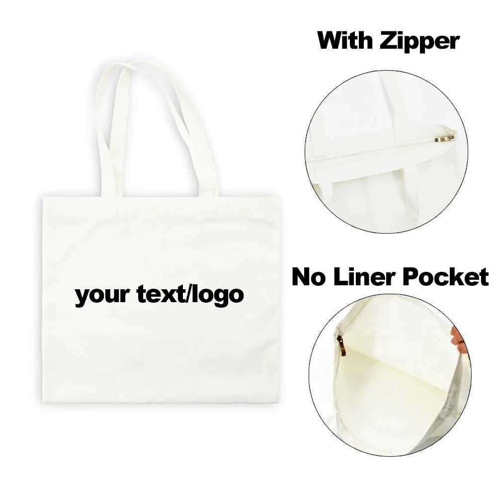 Fashionable custom shopping bag zippered shopping handbag womens eco-friendly reusable canvas bag black white beige Z250224