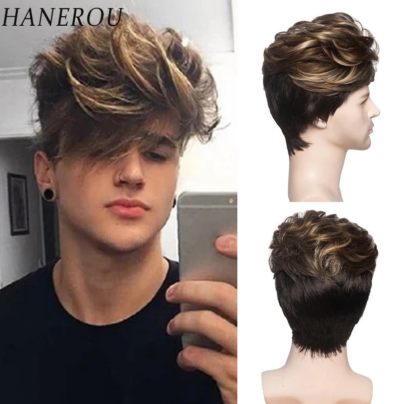 HANEROU Mens Short Synthetic Wig Wavy Curly Brown Black Ombre Pixie Cut Wig for Daily Cosplay Party Heat Resistant 250224