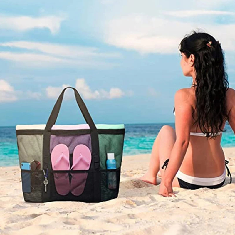 Mesh Beach Bag Tote Bag For Women Foldable Swim Large Beach Tote Bag With Pockets For Beach Vacation 250224