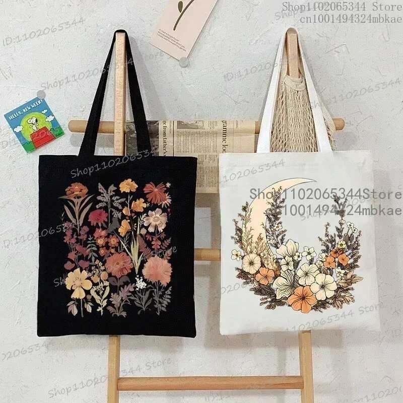 Floral Moon Women Shopping Tote Bags Canvas Large Capacity Student Casual Plant Style Shoulder Bag Wild Flower Women Handbags Z250224
