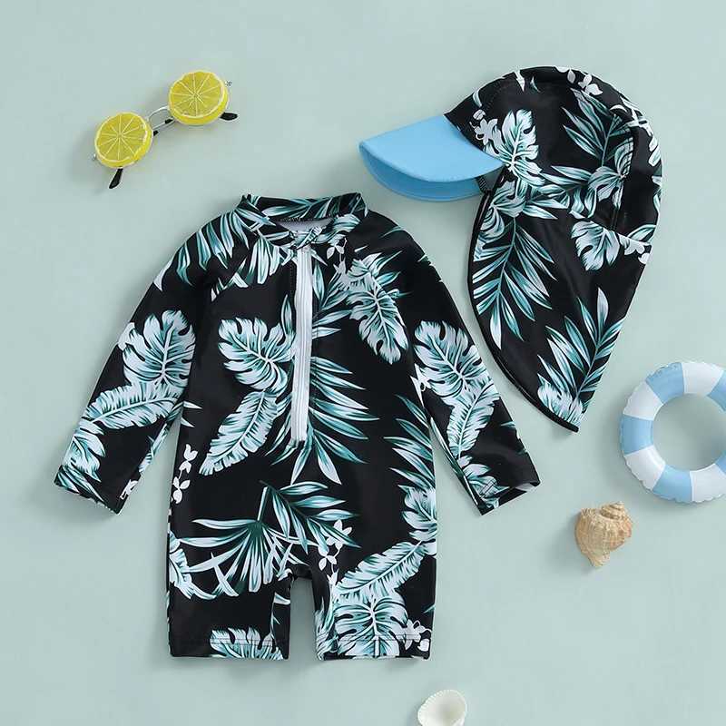 Baby Girl Rash Guard Swimsuit with Hat 2 Pcs Set Floral Print Zip Up Long Sleeve Crew Neck Toddler Girl Swimwears X250224