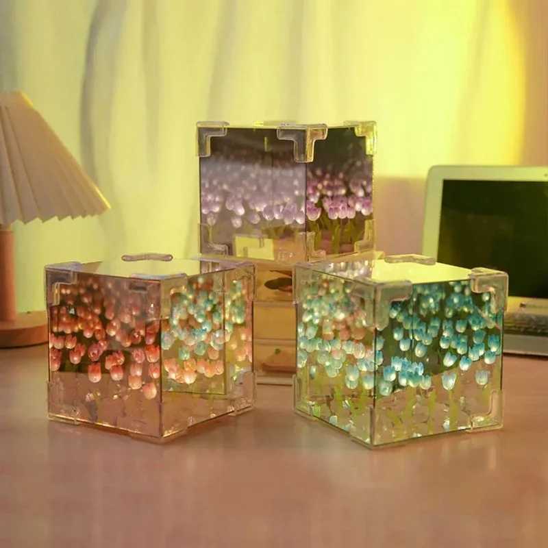 Hot Tulip Nightlight Handmade DIY Material Cube Tulip Mirror Bedroom Decor Atmosphere Lamp Valentines Day Birthday Gift Z250225