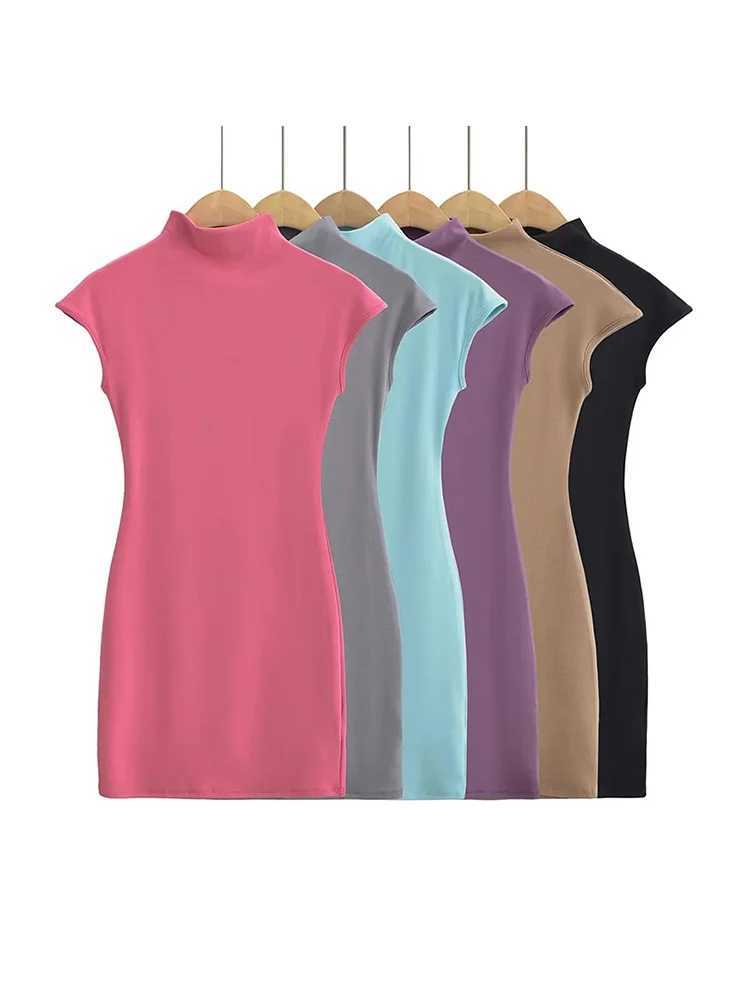 Mini dresses for women 2024 Summer knitted dress sexy vintage clothes black dresses short sve turtleneck pink dress bodyconXJ250224