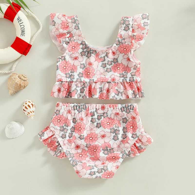 0-3Y Toddler Baby Girl Swimsuit Two Piece Ruffle Sleeve Tankini TopSwim Short Floral Bathing Suit Summer Kids Bikini Beach Wear X250224