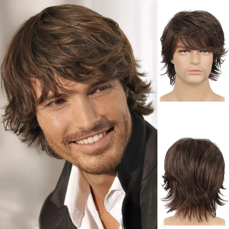 Mens black wig short natural fluffy wig synthetic heat-resistant Halloween role-playing wig 250224