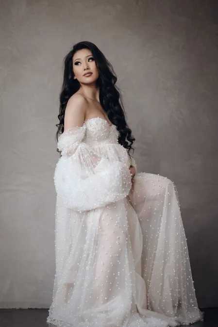 Maternity Photography Props Dress Dense Pearl White Yarn Maternity Photography Clothing Babyshower Gown Photo Shoot Pregnant X2502241