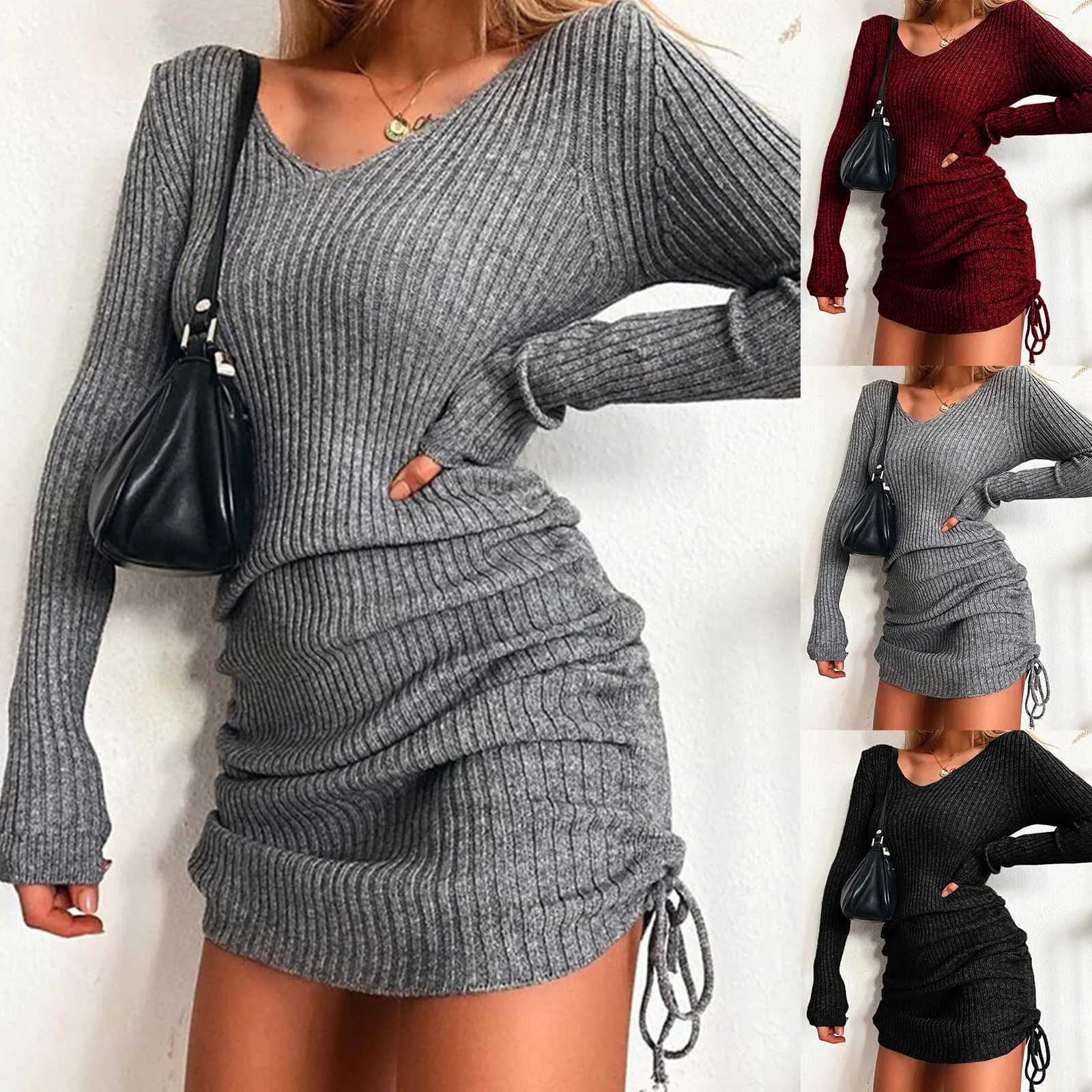 Spring And Winter Womens V Neck Long Sleeves Slim Thin Hip Dress Warm Sweater Sexy Hip Package Club Street Lady DressXJ250224
