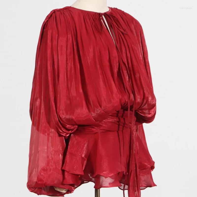 Casual Dresses Lace Up Womens Dress Elegant V Neck Long Lantern Sleeve Female Robe Spring Summer Chic Sweet Lady Party Holiday Vestidos