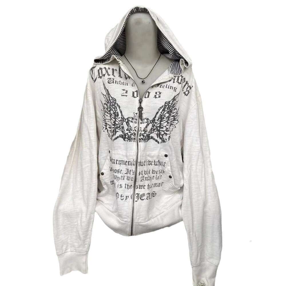 American printed graffiti zipper hoodie Harajuku dark hooded casual jacket for women vintage Gothic