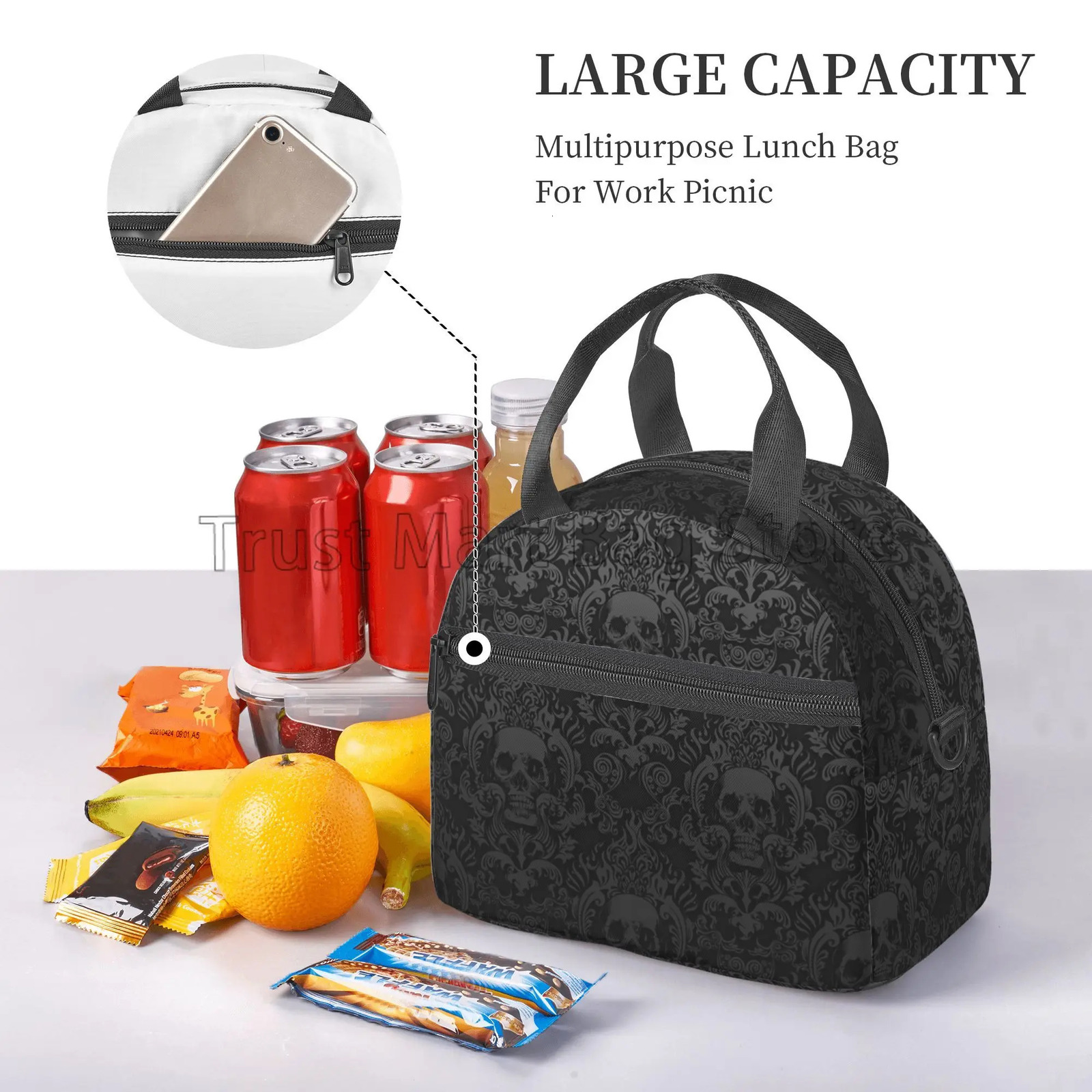 Gothic Black Skull Damask Insulated Lunch Bag Unisex Lunch Box with Detachable Shoulder Strap Reusable Thermal Cooler Tote Bag 250224