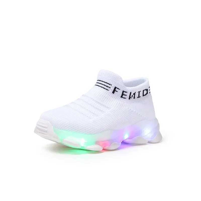 Kids Sneakers Children Baby Girls Boys Letter Mesh Led Luminous Socks Sport Run Sneakers Shoes Infantile Shoes Light Up Shoes W250225