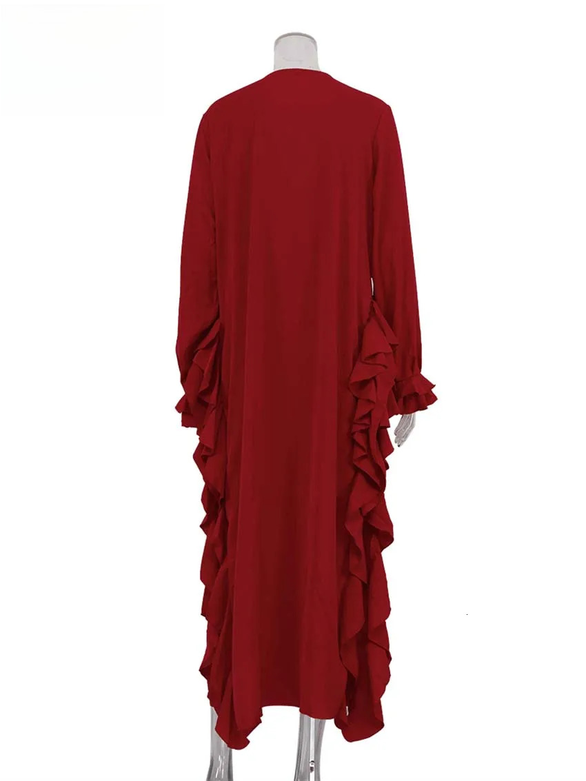 Fashion Red Loose Women's designer clothing Elegant Ruffled V-Neck Long Sleeve Dresses Casual Side Slit Ankle-Length Dress Streetwear