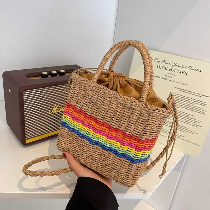 Rainbow Straw Handbags For Women Handmade Summer Seaside Beach Bag Fashion New Handle Bucket Bag Shopping Shoulder Bag Bolsa