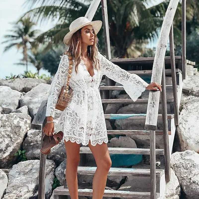 Lace Beach Dress for Women Sexy Sunsn Deep V-neck Hollow Long All White Y2k Short Dress Bikini Blouse Party 25183XJ250224