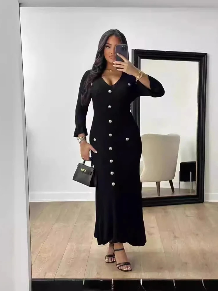 Elegant Knitted Long Dress Women Flare Sleeve V Neck Ruffles Single Breasted Bodycon Dresses Party Fashion Office Lady Dresses 250222