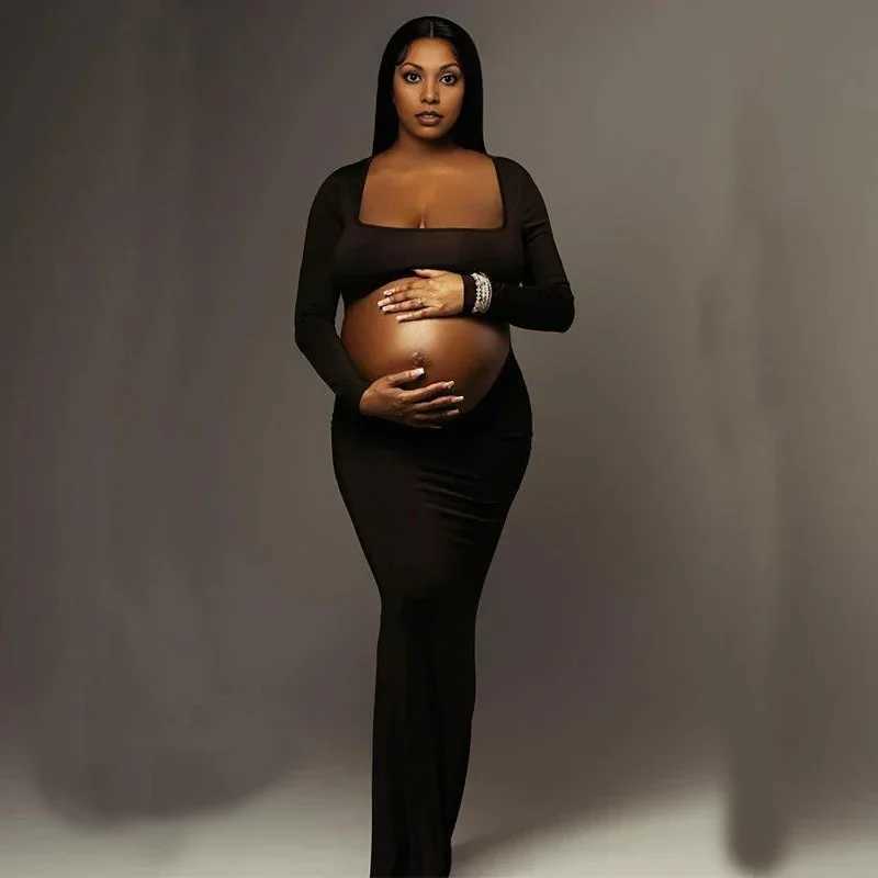 Solid Color Cut Out Backless Crop Bodycon Mermaid U-Neck Long Sleeve Photoshoot Maternity Maxi Dress X250224