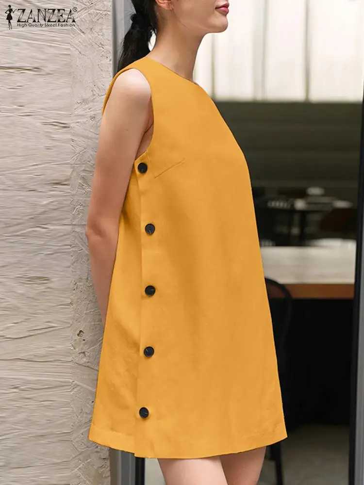 ZANZEA Women Sveless Tank Mini Dress 2024 Summer Casual Buttons Sundress Solid Round Neck Short Dress Holiday A-line DressesXJ250224
