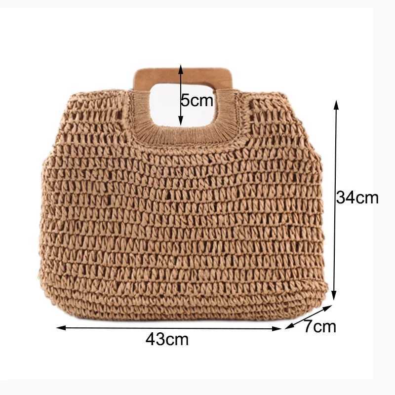 Female Wooden Handle Bag Summer Woven Straw Handbag Large Capacity Travel Beach Bag Fashion Style Totes