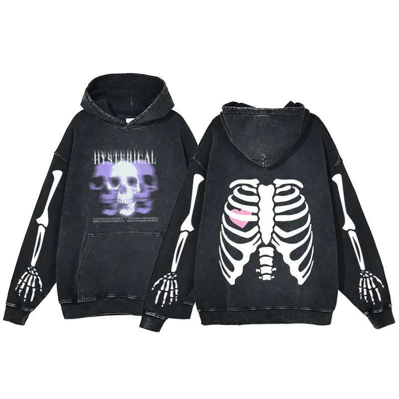 Acid Washed Anime Hoodie Women Fashion Sweatshirts Skeleton Printing Winter Streetwear Oversized Y2k Loose Casual Pullovers Tops