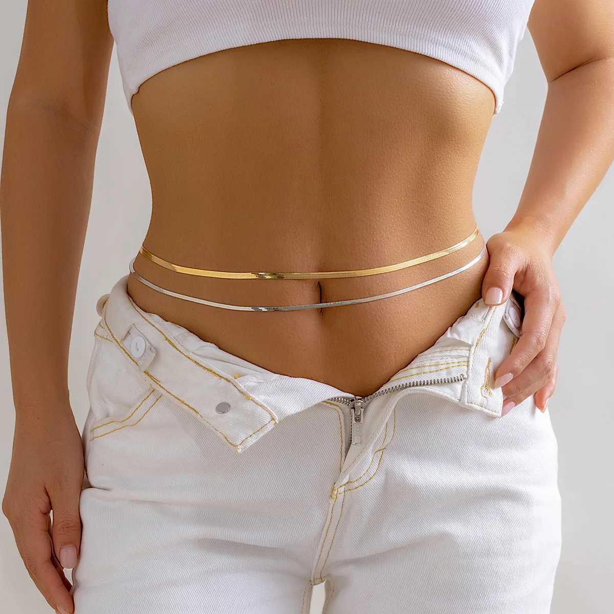 MinimalistDouble-layerMetal Flat Snake Chain Belly Waist Chain Womens Fashion Sexy Bikini Beach Summer Body JewelryXJ250224