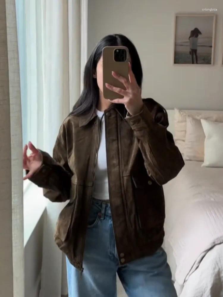 Women's Jackets Vintage Suede Zipper Jacket Women Casual Loose Turn-down Collar Button Brown Long Sleeve Coat Spring Street Chic Outerwear
