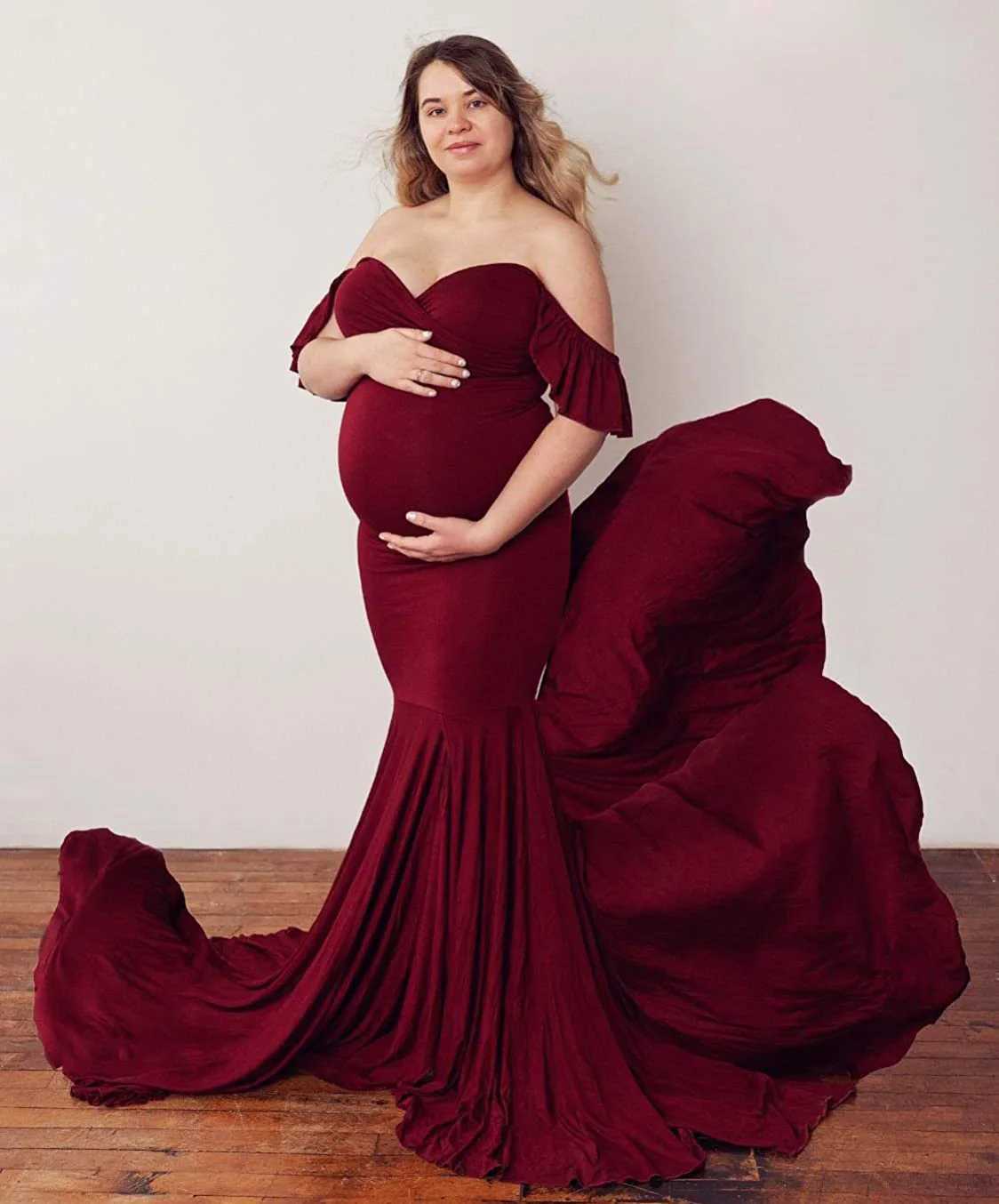 Shoulderless Maternity Dresses For Photo Shoot Sexy Ruffles Sleeve Pregnancy Dress New Maxi Gown Pregnant Women Photography Prop X250224