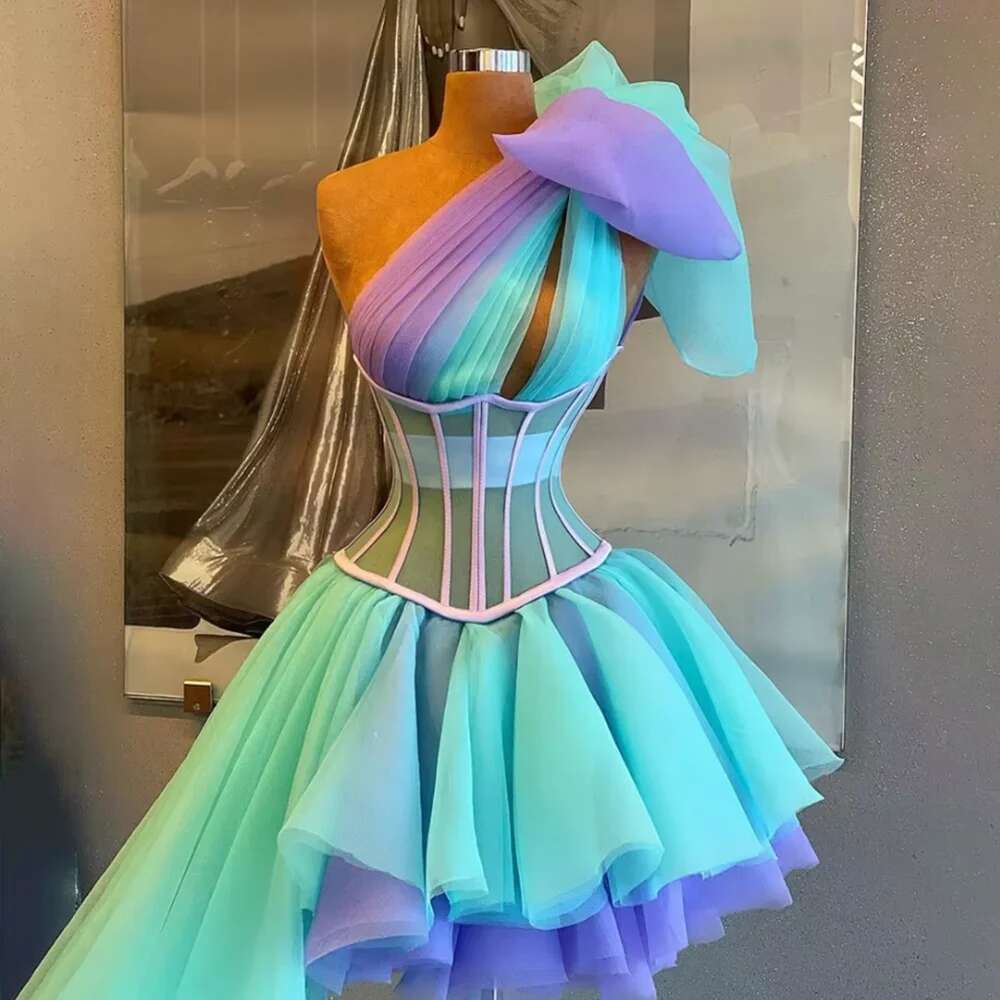 Color matching mini party dress fashion one shoulder pleated ruched prom with chic bow sweep train short evening dresses