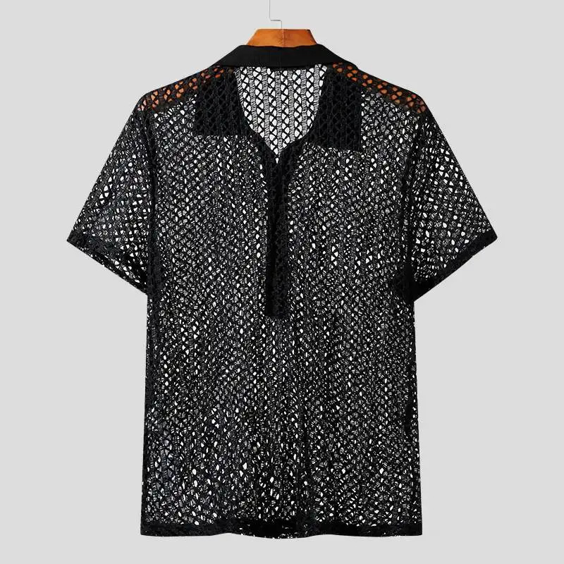 Summer Mens Knitted Hollow Shirt Flip Collar Short Sleeve Mesh Sexy Button Solid Color Street Clothing Party Knitted S-3XL 250222
