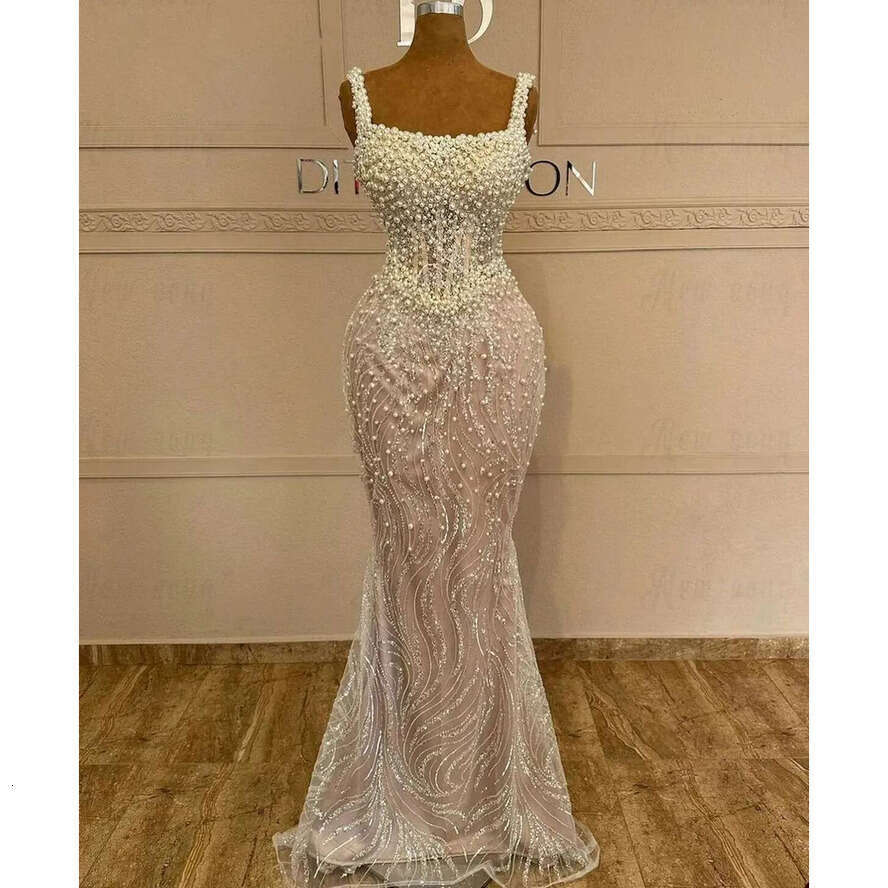 2024 Square Neck Mermaid Wedding Dresses Sparkg Pearls Lace Bridal Gown Formal Sleeveless Or Length Trumpet Dress
