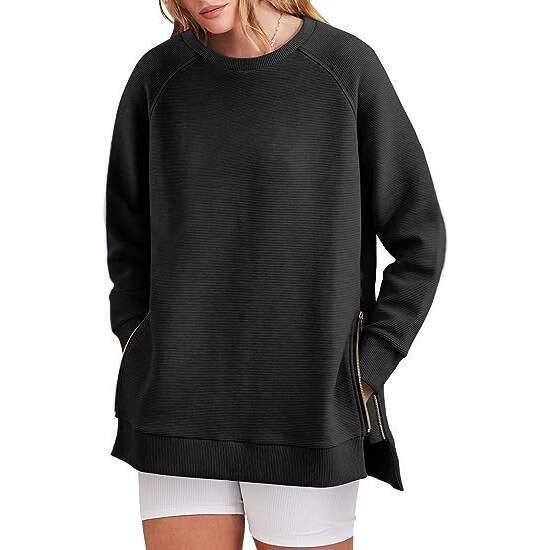European And American Women's Round Neck Pullover, Side Zipper Casual Loose Long Sleeved Sweatshirt