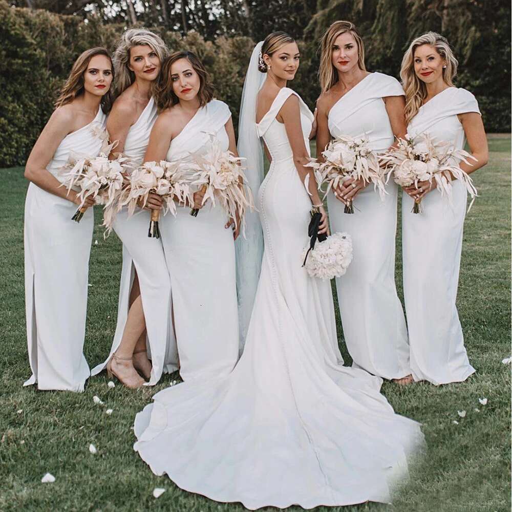 Stylish White One Shoulder Solid Sheath Simple Bridesmaid Dresses Pleated Up Floor Side Split Robe Wedding Party Dress