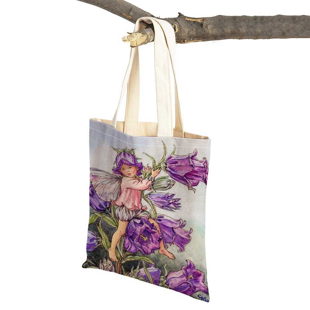 Double Print Child Shopper Bags Casual Fairy Tale World Elves Linen Tote Handbag Cute Cartoon Flower Girl Shopping Bag for Women Z250224