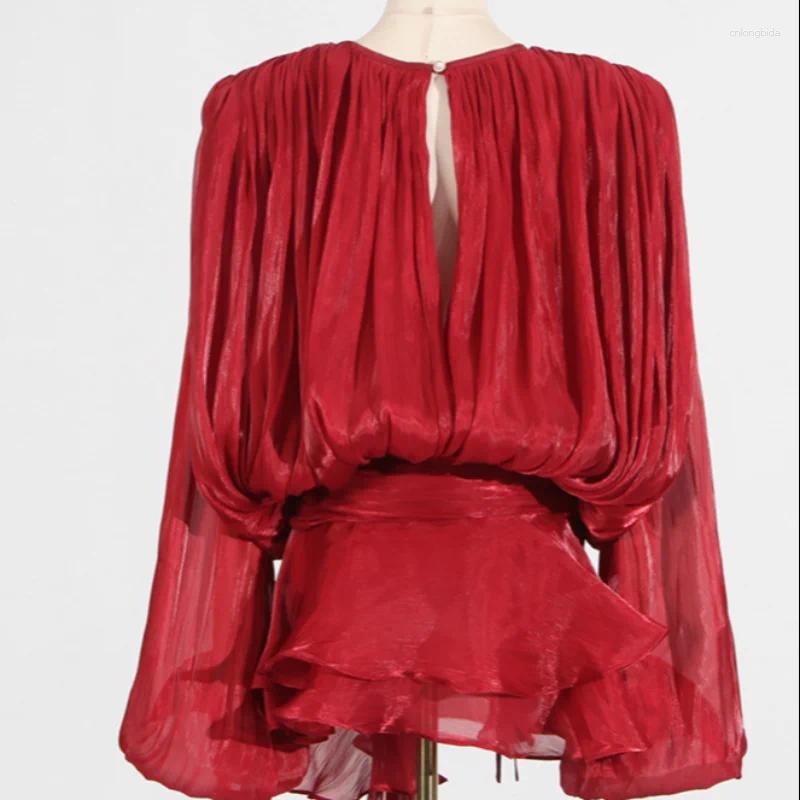 Casual Dresses Lace Up Womens Dress Elegant V Neck Long Lantern Sleeve Female Robe Spring Summer Chic Sweet Lady Party Holiday Vestidos
